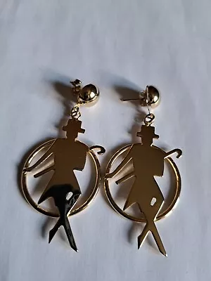 Large Gold Tone Dancing Figure Drop Dangle Earrings • £3.99