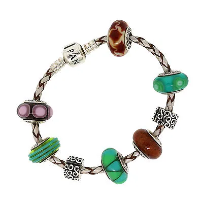 Pandora Sterling Silver Green Brown Purple Murano Glass Leather Charm Bracelet7  • £385.35