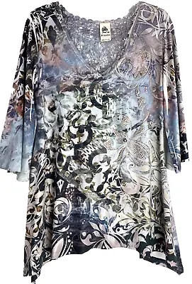 S-12 S-Twelve Beaded Flower Print 3/4 Sleeve Dress Tunic Women's Size M Boho Art • $24.36