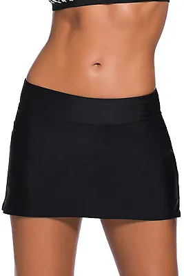 Women's Wide Band Swim Skirt Skort Tankini Bottoms Bikini Beach Swimwear Black • $13.49