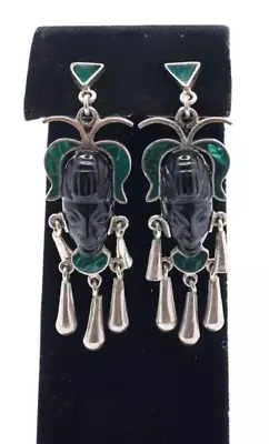 Sterling Silver Malachite & Black Onyx Carved Face Mask Aztec Mayan Earrings • $49.99