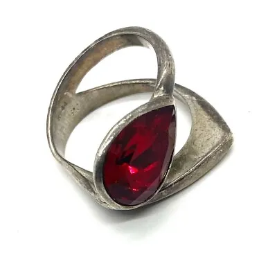 Mens Red Teardrop Art Deco Wave Sterling Silver 925 Band Ring Size 7 Unisex • $58