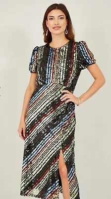 YUMI Multicolour Rainbow Stripe Sequin Midi Dress Size 14 RRP £75 NWT • £24.99