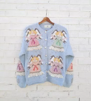 Vintage Design Options Cardigan Pastel Angel Size Medium Blue • $124.99