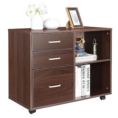 $70.58 • Buy Wood File Cabinet 3 Drawer And 2 Open Shelves Storage Printer Stand With Wheels 