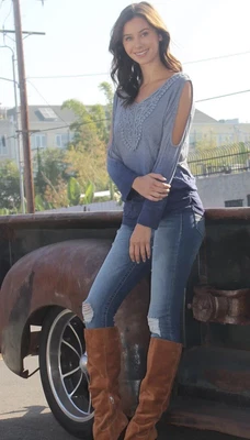 $12.99 • Buy Knox Rose Ombre Blouse Blue Dip Dye Cold Shoulder Long Sleeve Boho Size Small