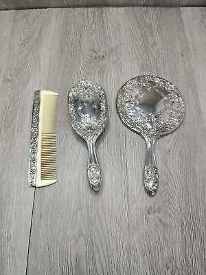 Vintage Silver Plated Vanity Beauty Set Art Nouveau Floral Mirror Brush And Comb • $40