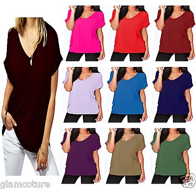 Ladies Baggy Fit V Neck Turn Up Sleeve Top Loose Batwing Oversized T Shirt Top • £8.99