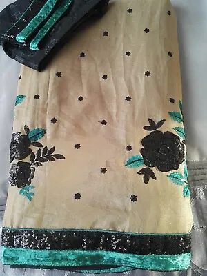 Saree Sari Chiffon Mix Indian Wedding Party Beige Black Velvet Excellent Cond • £30
