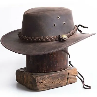 Crazy Leather Cowboy Outback  Pull-up Waxy Finish Vintage Brown Hat Handcrafted • £23.97