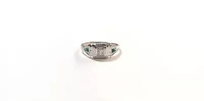 Antique 14k White Gold Art Deco Old Mine Cut Diamond Green Emerald Baguette Ring • $299