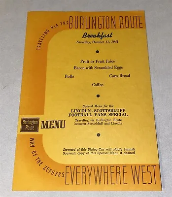 $49.99 • Buy 1941 Burlington Railroad Dining Car Menu Football Special Nebraska Vs Kansas