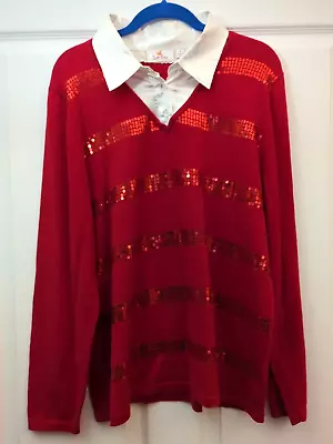 Quacker Factory Top Large Red Long Sleeve Shirt Bead Shimmer Embellishment • $12.09