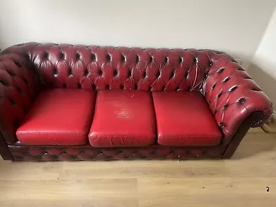 Chesterfield Leather Sofa Oxblood Red 3 Seater Club Chair And Stool • £550