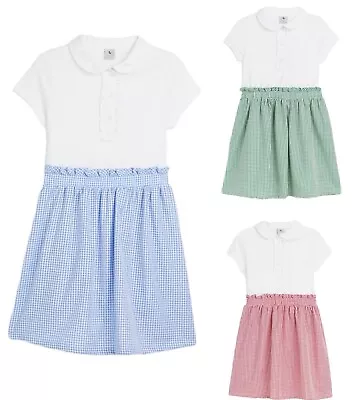 Girls TU Gingham School Dress White Polo Shirt Blue Green Red Summer Uniform NEW • £4.95