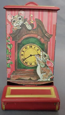 Vintage Jasco Tin Matchbox Safe Mice Mouse Clock Colorful Kitchen Matches Holder • $30.59