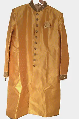 Indowestern Ethnic Gold Handmade Indian Jodhpuri Bandhgala Wedding Long Jacket L • £169.99