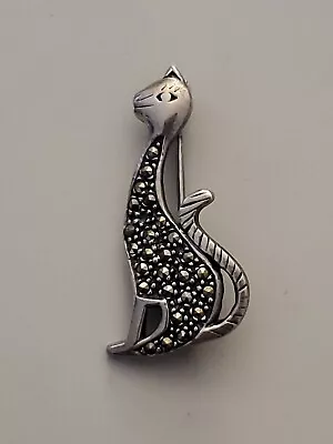Sterling Silver Estate Marcasite Cat Pin Brooch 3.7g • $5.95