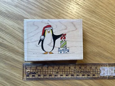 Christmas 'Present Penguin' Wooden Rubber Stamp By Funstamps Lindsay Mason • £8.99