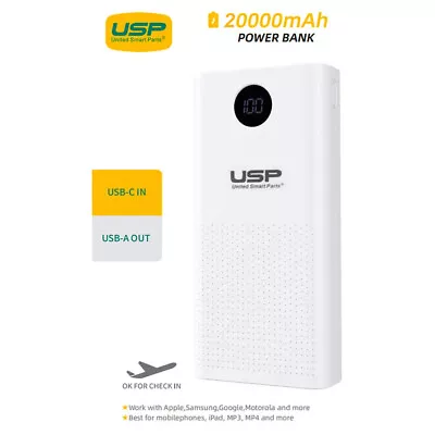 USP 20K MAh Power Bank - White 2 USB-A Outputs (5W & 10W) 2 USB Input Digital • $69.95