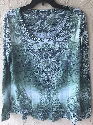 ESSENTIALS BY MILANO Blouse Size XL Green Abstract Print L/S • $10