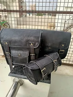 Combo THREE Bag Black Leather Motorcycle Two Saddle Bag Luggage Tool Pouch • $110.50