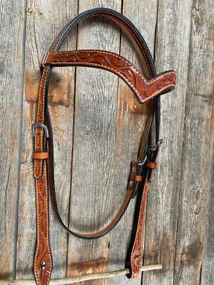 Western Horse V Browband Headstall Light Brown Premium Leather Bridle Track • $63.25