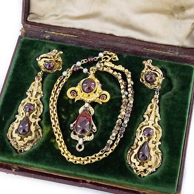 Victorian Era Yellow Gold Garnet & Seed Pearl Necklace Earrings Set #E21368-2 • $5000