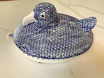 1977 Porcelain Majolica Mallard Duck Blue White Casserole /Lid Neiman Marcus 14  • $6