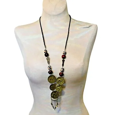 Vintage Peruvian Sol Coin Vicuna Necklace Maroon Ceramic Beads Leather Cord • $19.99