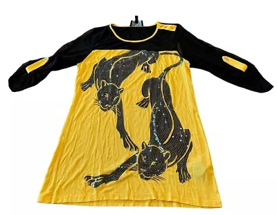 Sharif 1827 Couture Top Womens Sz Medium Graphic Sequined Black Panthers Yellow • $26.99