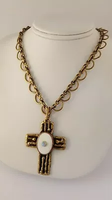 Brass Mixed Metals Cross Pendant Necklace Moonstone Mexico Artisan Signed Made • $84.65