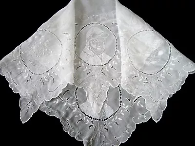 RARE VTG Madeira White Linen Organdy Embroidered Tablecloth Tribute To Aviators • $125