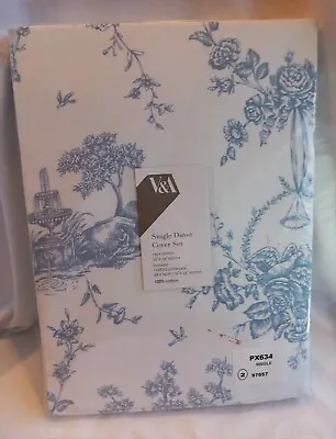 V&A Single Duvet Cover And Pillowcase Garden Of Love 100% Cotton New Blue White  • £22.99