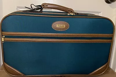 Vintage 1980’s Green Nylon And Leather Brown Jaguar Travel Suitecase Great Cond • $22.50