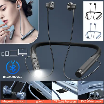 Magnetic Neckband Bluetooth Headphones Wireless Earbuds Earphones Mic Flashlight • £12.99