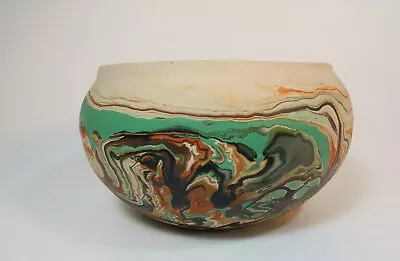 VTG Small Nemadji Clay Indian Pottery Bowl Swirl TealOrange Brown Stamped • $22.59