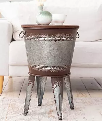 Rustic Distressed Farmhouse Galvanized Accent Tub Barrel Coffee Table Metal Wood • $142.95