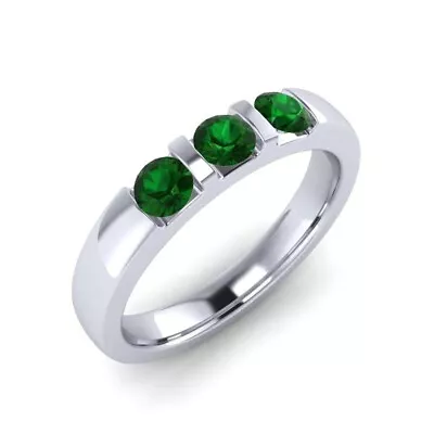 Emerald Tension Setting Round 4.00mm Three Stone Ring With Rhodium Plated • $34.50