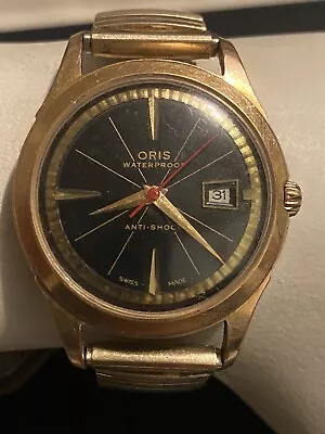 Vintage Oris Mens Windup Watch Black Dial Gold Plated Swiss Made • $625