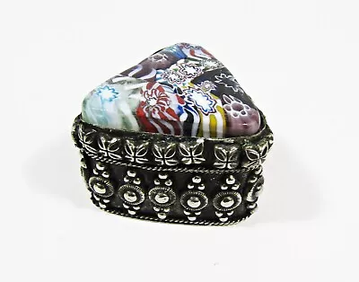 Vintage Murano Millefiori Art Glass Silver Metal Trinket / Pill Box Triangle #1 • $23.96