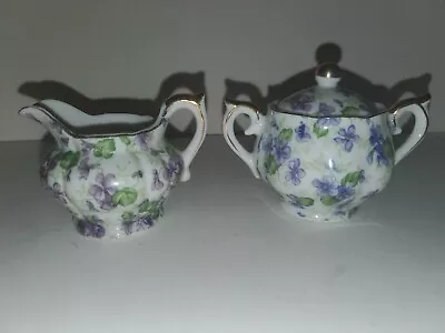 Lefton China Violets Chintz Mini Creamer And Sugar Bowl Gold Trim Handpainted  • $19.99