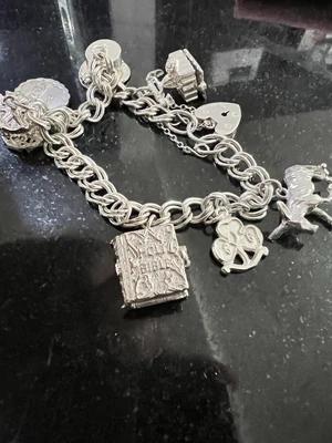 £49 • Buy Vintage Silver Charm Bracelet 6 Charms Top Hat, Carousel, Bible, Telephone