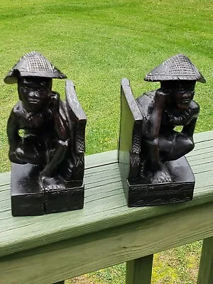 Set 2 Vintage Carved Black Wood Oriental Asian Sculptures Bookends Figures 8 X 5 • $31