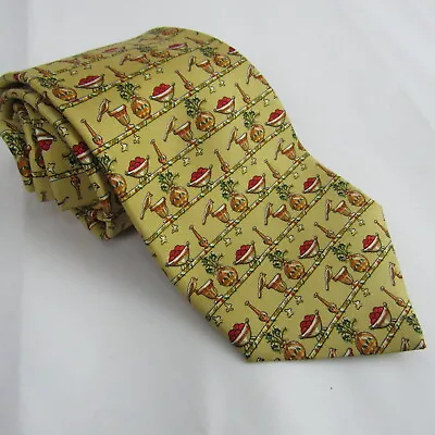 Salvatore Ferragamo Tie Gold Novelty Bird Vase Fruit Bowl Pattern Suit Accent • $26