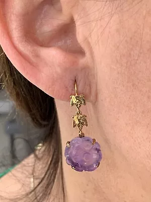 14ct Gold Carved Amethyst Art Nouveau Earrings • £57