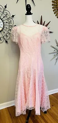 Vintage HW Collections Pink Lace Party Tea Dress Drop Waist Underdress M • $18.90