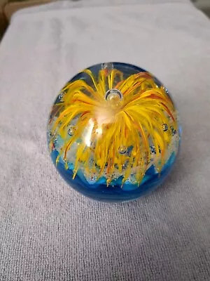 Vtg Murano Art Glass Fountain Yellow Blue White Controlled Bubble Paperweight • $40