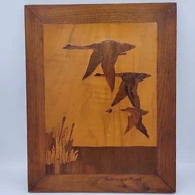 MARQUETRY Southward Bound Geese WOOD INLAY PICTURE WALL HANGING • $44.50