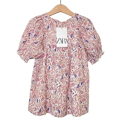 ZARA Baby Girls Pink Floral Button Crinkle Dress Size 2-3 Yrs 98 CM NWT • $19.93